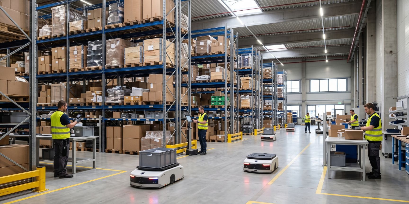 Innenansicht einer flexiblen Kontraktlogistik-Halle: Automatisierte Roboter und Mitarbeiter sichern die Resilienz im vollen Hochregallager.